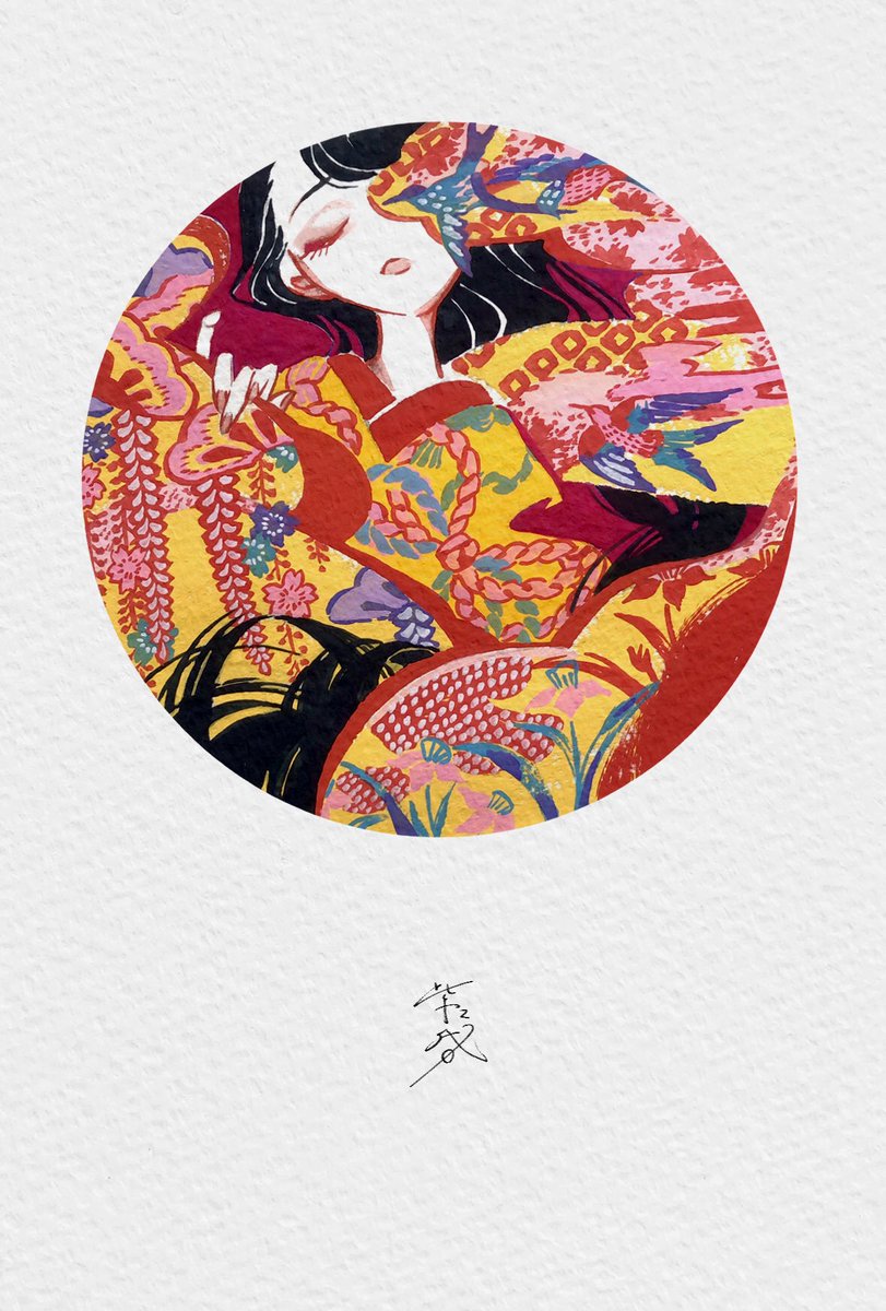 1girl japanese clothes black hair solo kimono traditional media closed eyes  illustration images
