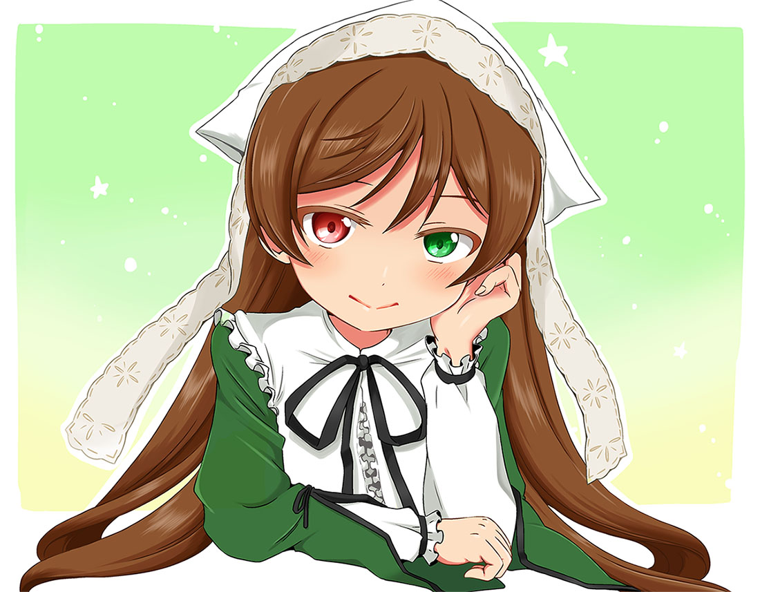 suiseiseki 1girl solo long hair brown hair heterochromia red eyes green eyes  illustration images