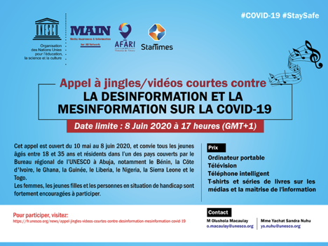 GuineeStartimes's tweet photo. Le bureau Régional de l'UNESCO à Abuja, en collaboration avec #StarTimes, organise un appel à jingles/courtes vidéos contre la désinformation et la mésinformation sur COVID-19. 
Comment Participer ?  https://t.co/3vuOKyREgj https://t.co/D1sZ1phiQw