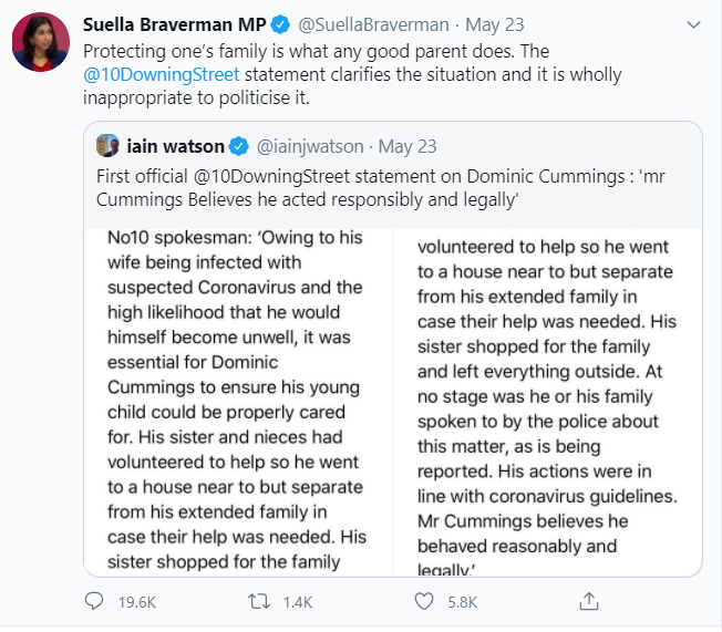 AvaSantina's tweet photo. This statement should result in a resignation from Suella Braverman

The Attorney General - the chief legal adviser of the Crown and its government - validated a statement that Cummings was neither spoken to by the police, nor broke the law

He did! https://t.co/krbpnIKH3b