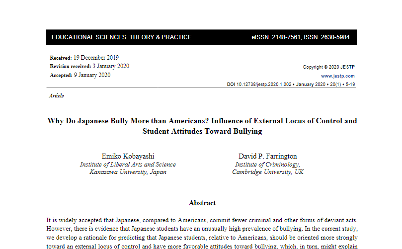 Journal_ESTP's tweet photo. "Why Do Japanese Bully More than Americans?" To better understand cross-national differences in school bullying, Emiko Kobayashi &amp; David P. Farrington provide evidence for this question. Full details here 👇https://t.co/L5qZ3YAkw6 
@Journal_ESTP #bullying https://t.co/g5njBBOrI4