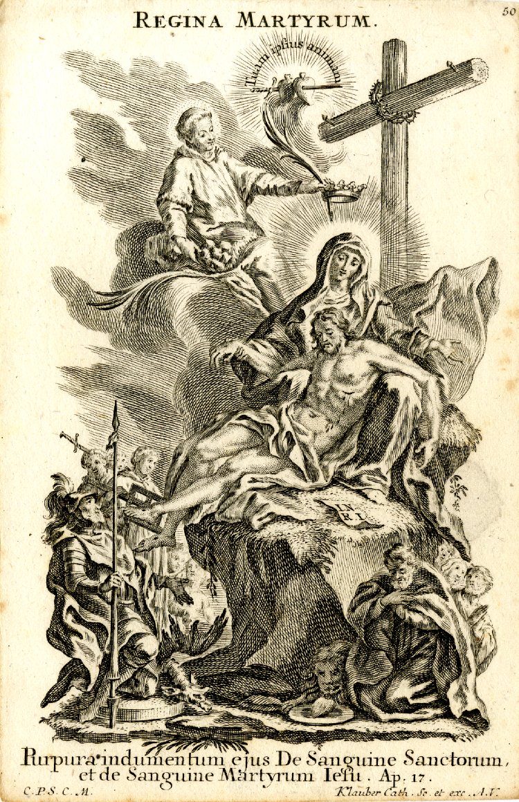 Regina Martyrum, ora pro nobis.Queen of Martyrs, pray for us.The lemma reads:Purpura indumentum ejus de sanguine sanctorum, et de Sanguine Martyrum Jesu"Her clothes are purple from the blood of the holy ones and the blood of the witnesses of Jesus" (cf Apocalypse 17:6)