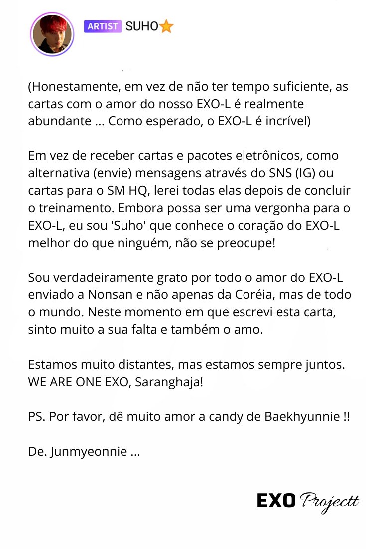 ExoProjectt's tweet photo. #SUHO EXOL Ace - App LYSN

📬 메세지가 도착했습니다.🐰
[From. SUHO] 에게

“Estamos distantes, mas estamos sempre juntos. WE ARE ONE EXO, Saranghaja " - Kim Junmyeon, 2020

@weareoneEXO #수호 #준면 #EXO https://t.co/wTTVSlPHol