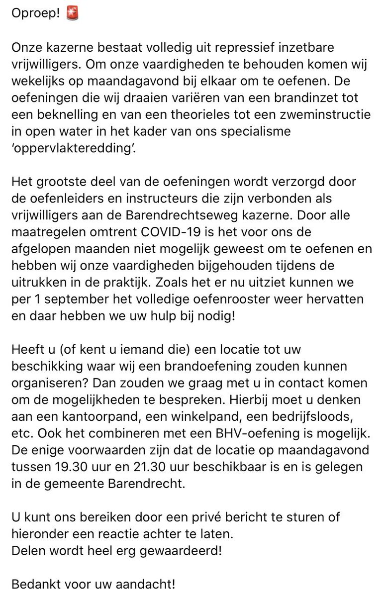 Wij zoeken oefenlocaties in de gemeente Barendrecht! Ben of ken jij iemand die een geschikte locatie heeft? Wij zien uw reactie of DM graag tegemoet! RT wordt gewaardeerd! #brandweer #barendrecht