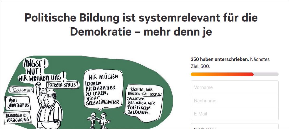 wbv_de's tweet photo. Politische Bildung ist systemrelevant fรผr die #Demokratie - Petition fรผr mehr #politischeBildung von #wbv-Autor Klaus-Peter #Hufer bei @ChangeGER @Change
Unterzeichnen und unterstรผtzen: https://t.co/shYYecuv3d
#Erwachsenenbildung #Twitterlehrerzimmer #VHS
@vhs_dachverband https://t.co/AUOZI5MjA7