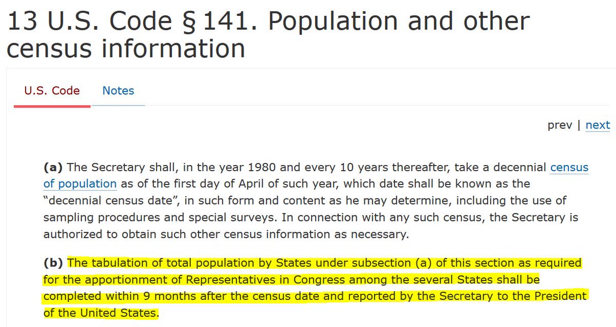 3. Deadlines for delivering  #2020Census results, including 3/31/2021 for data used to redraw voting districts, are set by Section 141 of Title 13 of the US Code. They require an act of Congress to change. (The "census date" is 4/1/2020, aka "Census Day") https://www.law.cornell.edu/uscode/text/13/141