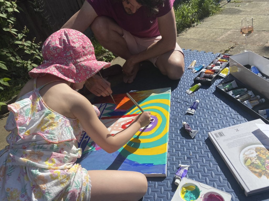 Sofia, 6, designed this logo for our house pub! The red ‘M’ represents the snack bar and she’s recently discovered David Bowie which might explain the ziggy vibes. Her dad, Tom, and I helped her paint it 💙🌈 #6MusicArt @maryannehobbs @BBC6Music