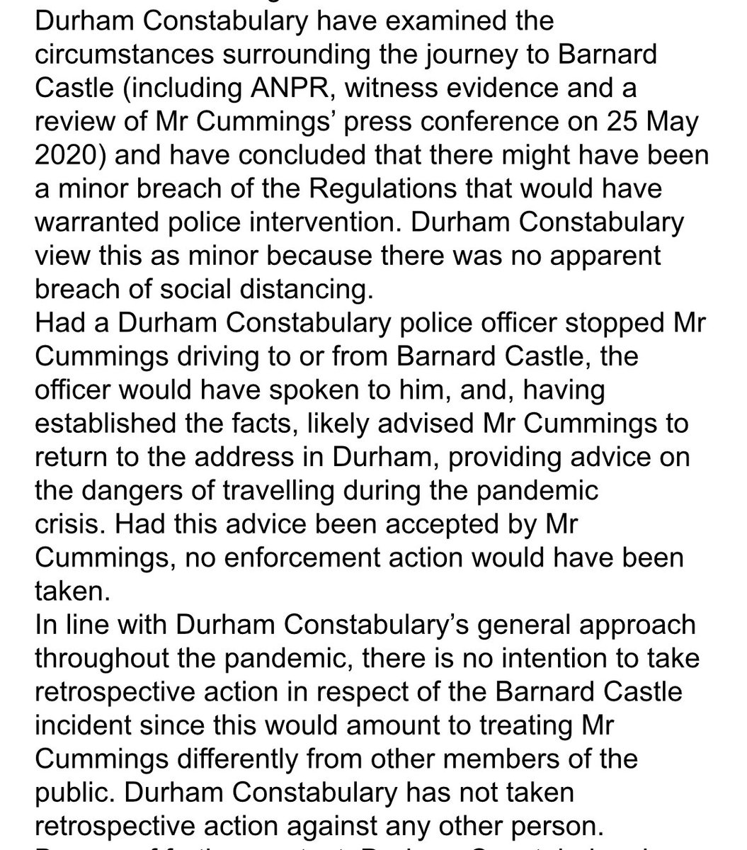 “There might have been a minor breach of the regulations”. See attached statement from Durham Constabulary. Obviously not the crime or the century. But not the example one of the designers of the lockdown rules would wish to set