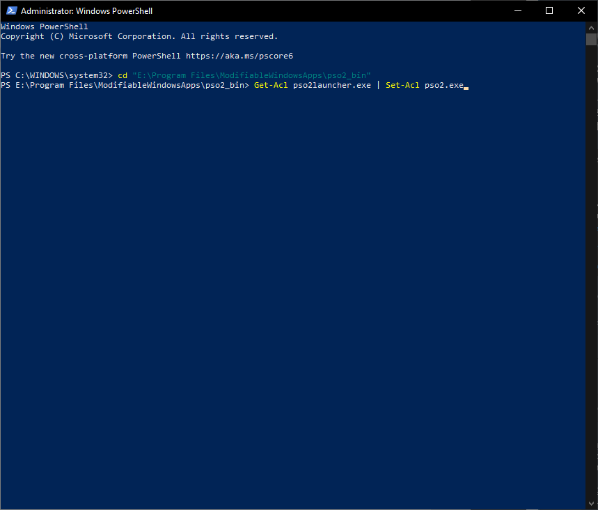  Copy-paste following:Get-Acl pso2launcher.exe | Set-Acl pso2.exePress enter. Copy-paste following:Get-Acl edition.txt | Set-Acl otp_notice_na.rtfPress enter.