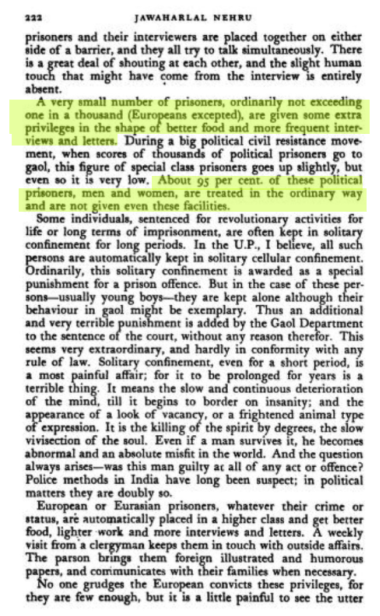 Nehru's 'isolation was never complete' & he had numerous ppl attending to himServants came for daily 'darshan' & to discuss 'swaraj'! Convicts gave him flowers & fan coolies gave him mangoes"One in a thousand" in his own words Nehru admits that he was privileged #Nehru