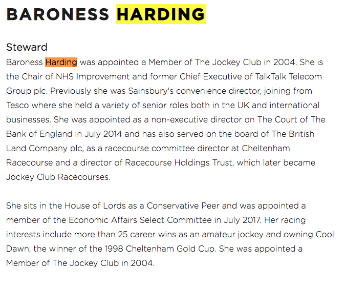 BREAKING from the govt that gave us  #Brexit,  #cummings  #death & mindblowing conflicts of interest:  #DidoHarding , leading govt's Track & Trace effort is deeply enmeshed with UK racing industry https://www.thejockeyclub.co.uk/about-us/our-structure/our-board/