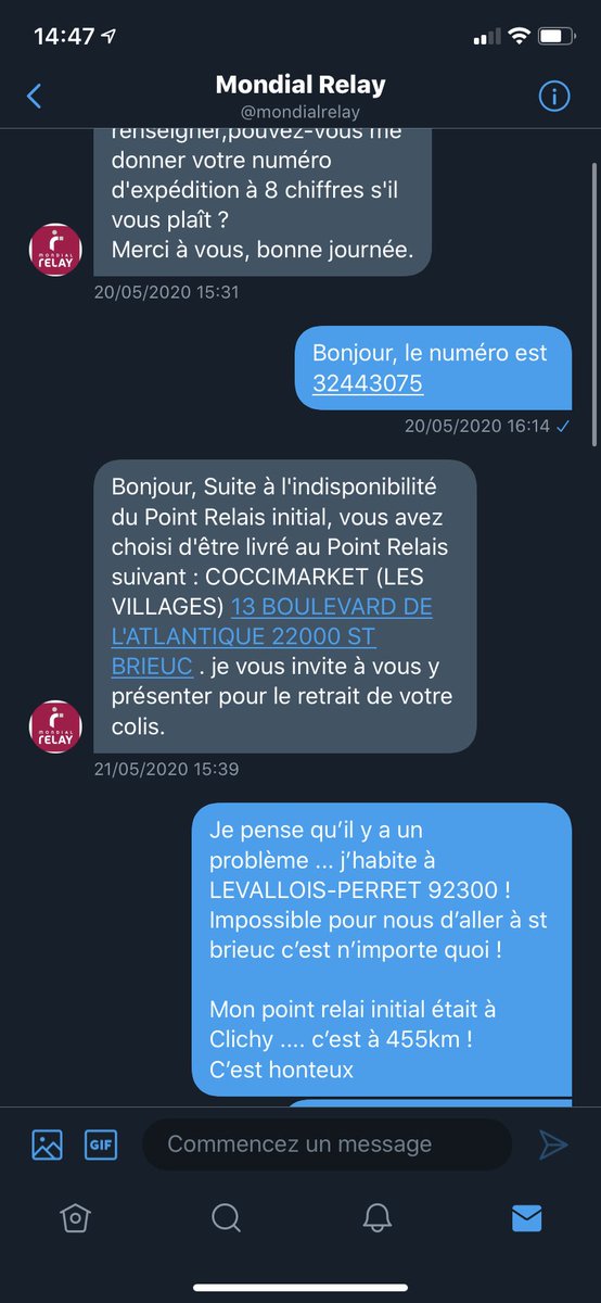 lelaouiska's tweet photo. @mondialrelay j’en peux plus. On essaie de vous joindre partout vous répondez pas... et par DM ça fait 1semaine qu’on réponds pas à mon problème !!!! C’est un colis de 80€ quand même que j’essaie de me faire rapatrier .... #arnaque https://t.co/ObjiMg7mMJ