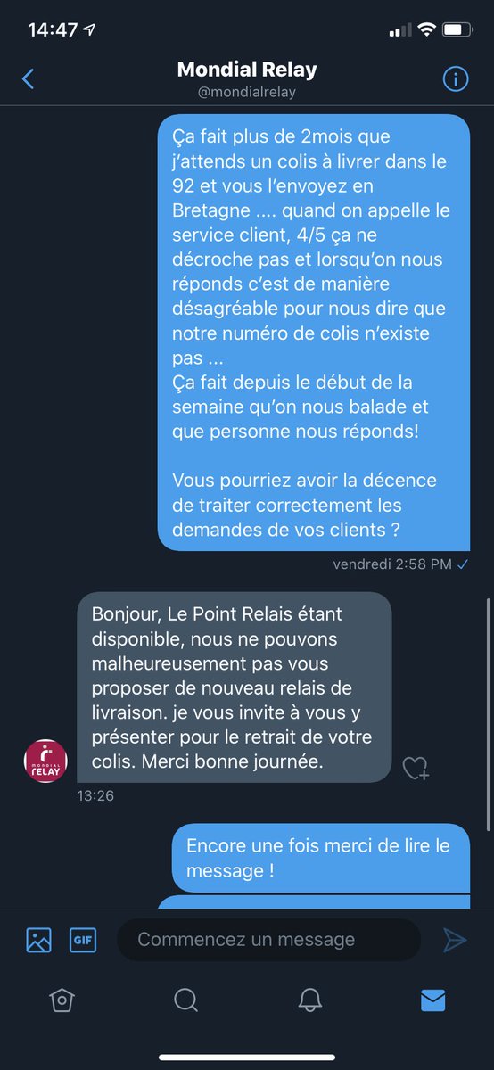 lelaouiska's tweet photo. @mondialrelay j’en peux plus. On essaie de vous joindre partout vous répondez pas... et par DM ça fait 1semaine qu’on réponds pas à mon problème !!!! C’est un colis de 80€ quand même que j’essaie de me faire rapatrier .... #arnaque https://t.co/ObjiMg7mMJ