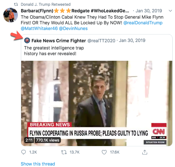 Trump last night retweeted 3 QAnon accounts. This morning he yet again retweeted Barbara Redgate, Michael Flynn's sister, who has expressed her support for QAnon & repeatedly tweeted the QAnon slogan. That retweet also quote tweeted another QAnon account.  https://www.thedailybeast.com/michael-flynns-family-is-at-war-with-each-other-over-qanon