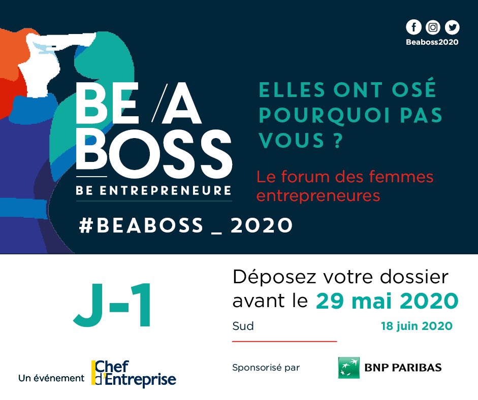 📣Entrepreneures, J-1 pour déposer gratuitement votre candidature sur bit.ly/2vXYIzA
Au programme du 18 juin : pitchs, tables rondes, témoignages, keynotes. Programme complet et inscription sur be-a-boss.com/sud.
En partenariat avec <a href="/BNPParibas/">BNP Paribas Group</a>
#Beaboss_2020