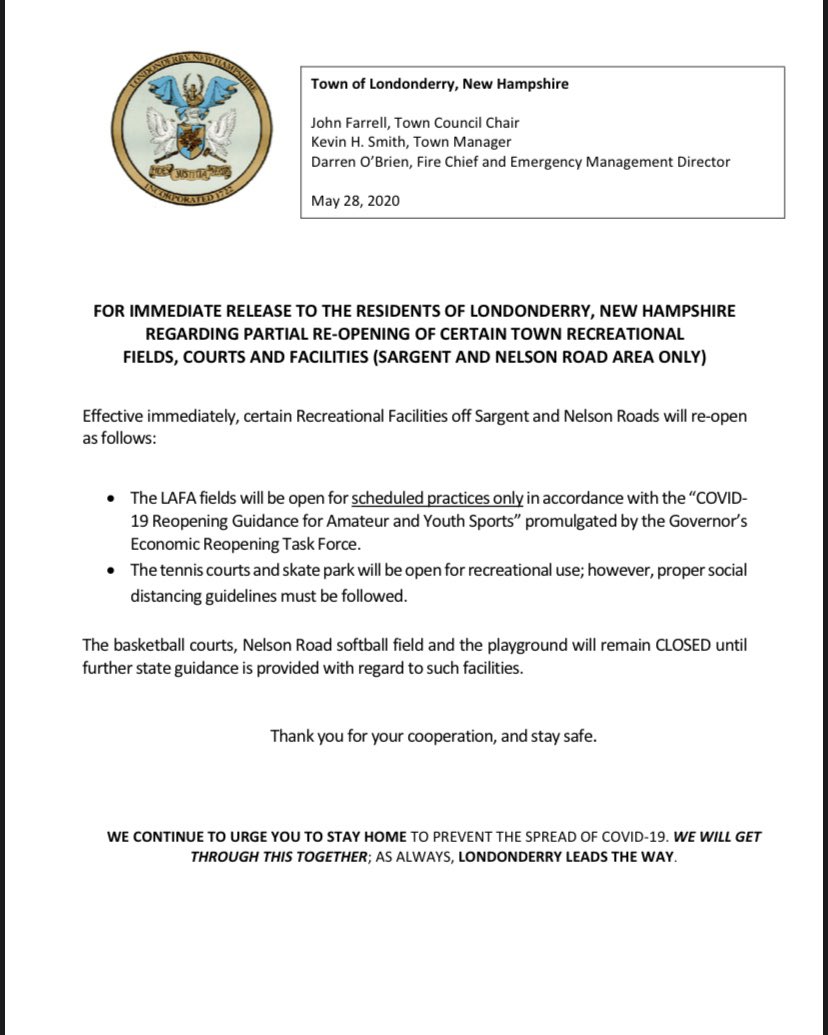 Town Announces Partial Re-Opening of Certain Recreation Facilities