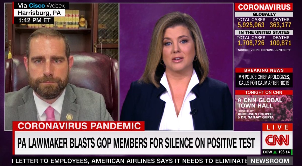 Happening now:  @BrianSimsPA is on CNN discussing the COVID-19 diagnosis of a Pa. state lawmaker. Sims accuses GOP leadership of participating in an "ongoing cover-up" to conceal info about who may/may not have been in contact w/ Rep. Andrew Lewis, who tested positive on May 20.