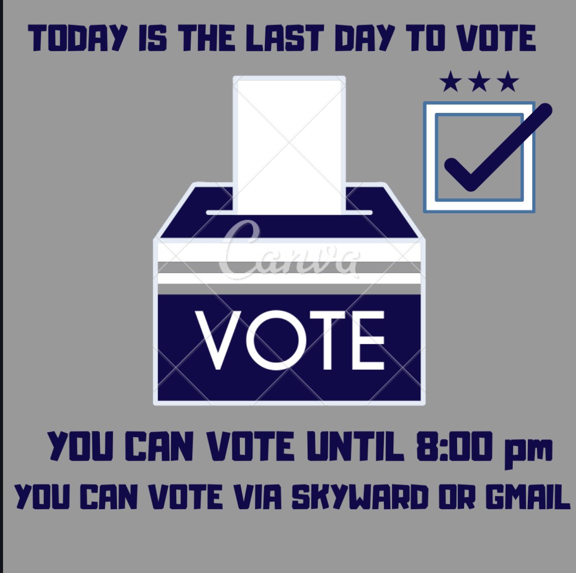 JGStudentSenate's tweet photo. Today is the LAST day to VOTE!! Make sure you vote if you haven’t already! Voting is open untill 8:00 p.m. TONIGHT! You can vote via skyward &amp; gmail!! https://t.co/CkFiYEpDYR