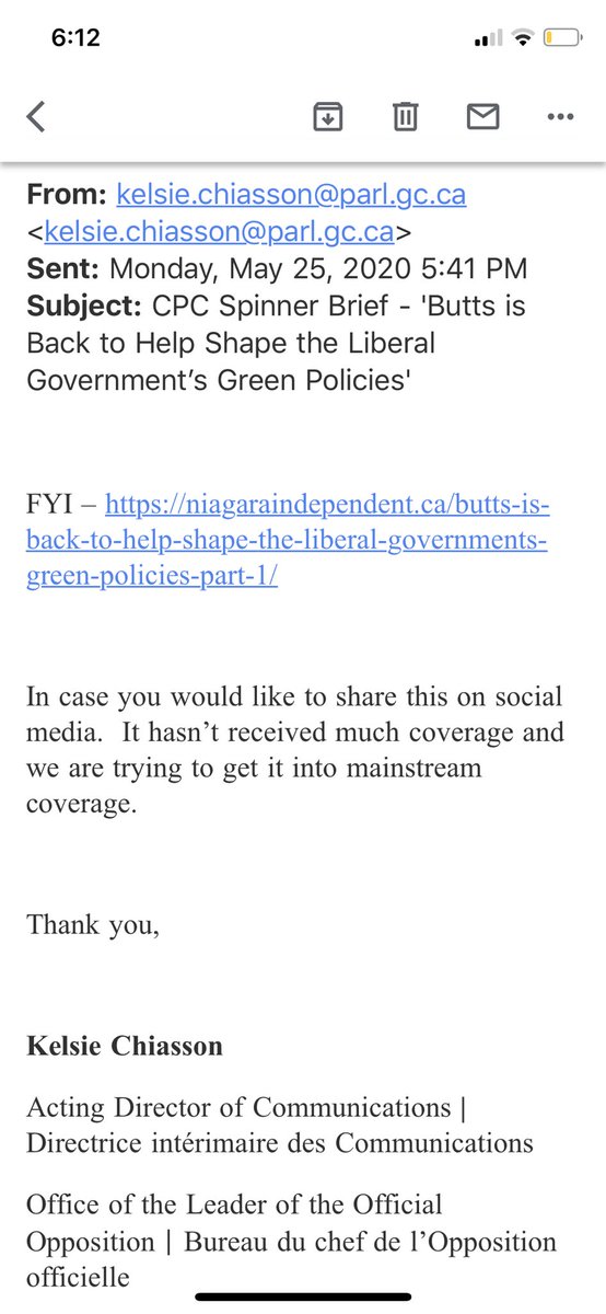 This is fun. Andrew Scheer’s senior staff sent an email asking supporters to promote a smear job on me at 5:41 pm on Monday. At 5:42 the attached tweet. Then the P*st Millenial published a piece. All of it based lies which they all know are lies.