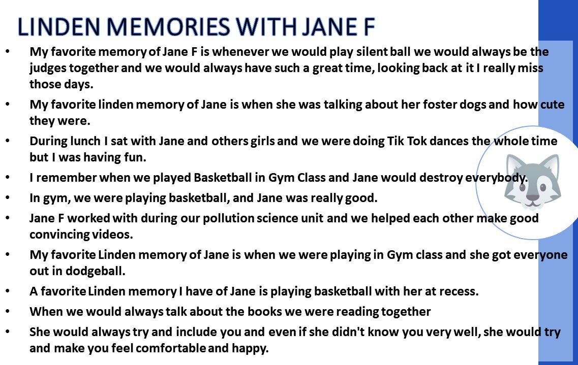 WolfPackClass's tweet photo. SHOUTOUT to Today's
WolfPack ⭐ 6th Grader

🌟JANE🌟

Jane, I am so LUCKY to be your teacher. All of us @CBLindenSchool are so PROUD of YOU! 

❤️adjectives &amp; memories collected from classmates❤️ https://t.co/9J96jRP1AY