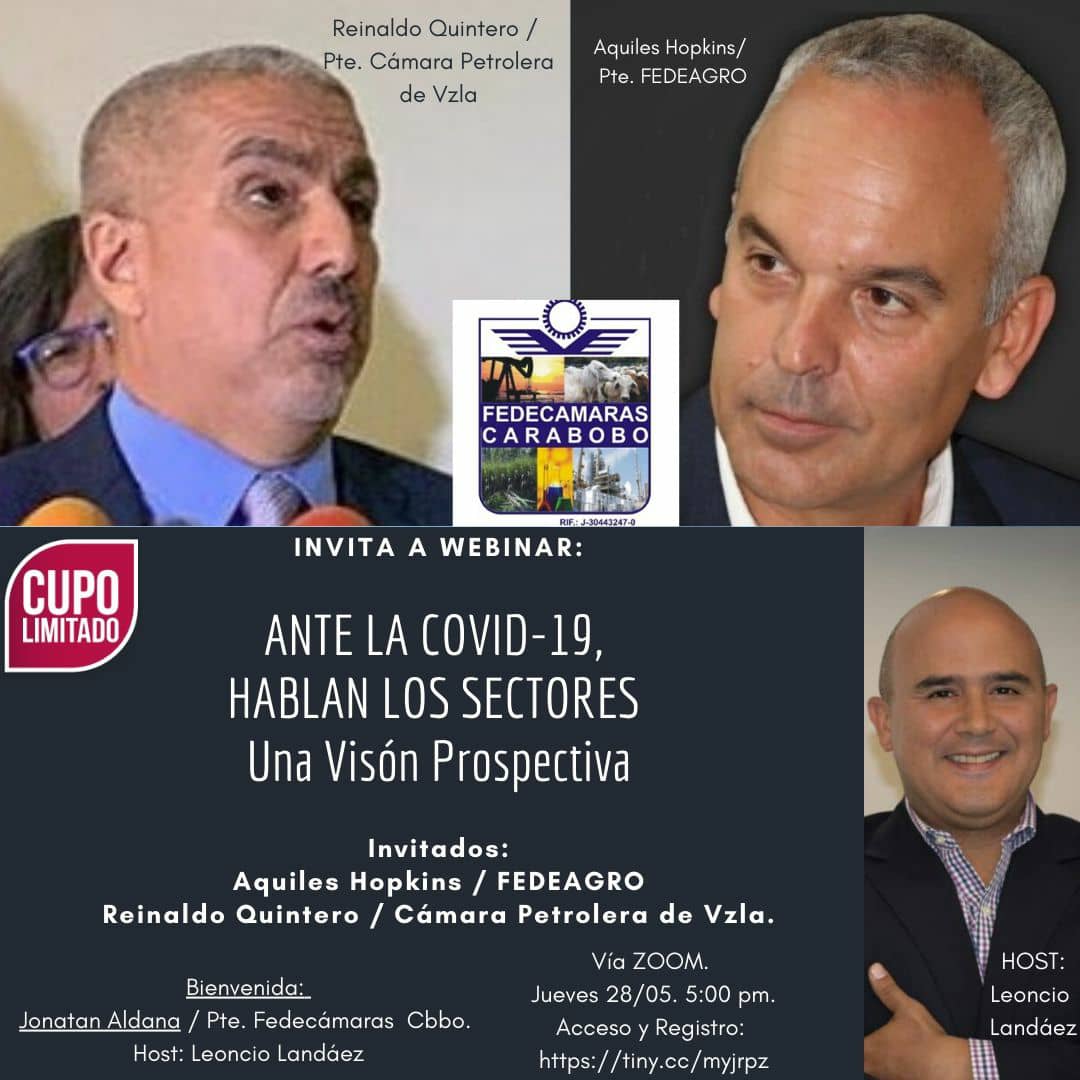fedecamarascbb's tweet image. ¡Hoy a las 5:00 P.M Tenemos una Reunión!
Fedecámaras Carabobo se complace en invitarles al tercer Webinar de su serie *"Ante la COVID-19, hablan los sectores" Una visión prospectiva.
recibimos a los representantes de @Fedeagro y  @CamaraPetrolera

Evento Virtual