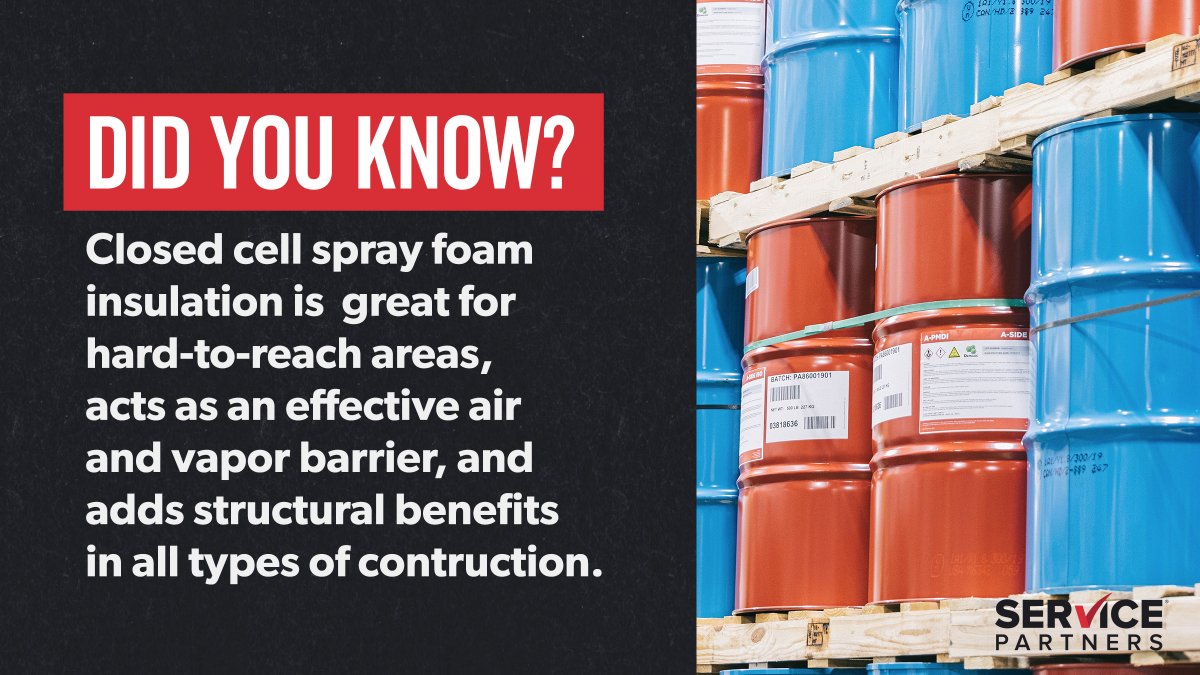 SERVICEPARTNERS's tweet photo. Did you know closed cell spray foam insulation is great for hard-to-reach areas, acts as an effective air &amp; vapor barrier, &amp; adds structural benefits in all types of construction? And, this leading insulation solution can be used by contractors in any climate across the U.S. https://t.co/1ONTt9XlTi