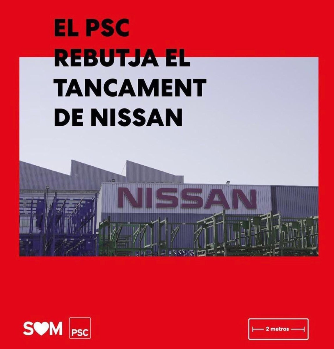PSCBaix's tweet photo. Per les 3000 famílies implicades directament i les indirectes; per la indústria i economia del nostre país. Els i les socialistes estem rotundament en contra del tancament de #Nissan a #Barcelona i treballarem per evitar aquesta pèssima situació. https://t.co/MDUMwthg1B