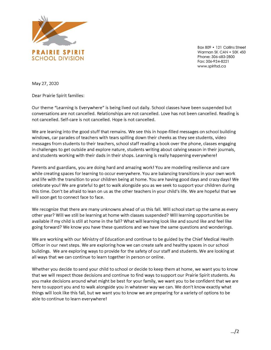 prairiespiritsd's tweet photo. @prairiespiritsd provided an update to families regarding the remainder of this school year. Teacher-led learning will continue until Friday, June 19. Planning is underway for the new school year this fall. The letter is posted on Division website at: https://t.co/uHQ31g45O4 https://t.co/R6dgBdeMMj
