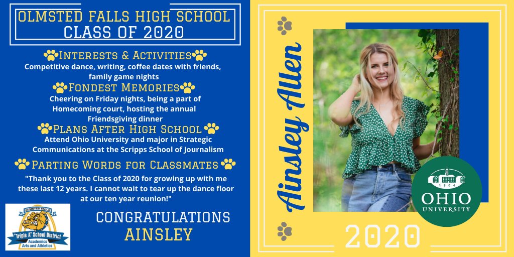 ofhsbulldogs's tweet photo. Senior Spotlight: Congratulations Ainsley Allen, a graduating senior from the Olmsted Falls HS Class of 2020. We're proud of you! Good luck! Watch for more spotlights every day in May! @OFCSDistrict @OFHSLeoSpagnola @fallsclass2020 #OFClassof2020 #TheBulldogWay https://t.co/yipQfqJX90