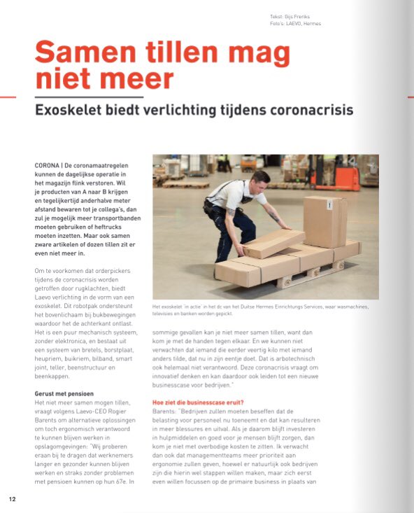 Laevo | Exoskeletons (@laevobv) on Twitter photo “Exoskelet biedt verlichting tijdens coronacrisis”
<a href="/WarehouseTotaal/">Warehouse Totaal</a> - nummer 2 - 2020
“Om te voorkomen dat orderpickers tijdens de coronacrisis worden getroffen door rugklachten, biedt Laevo verlichting in de vorm van een exoskelet”
lnkd.in/dEEDbNv
#exoskelet #laevo “Exoskelet biedt verlichting tijdens coronacrisis”
<a href="/WarehouseTotaal/">Warehouse Totaal</a> - nummer 2 - 2020
“Om te voorkomen dat orderpickers tijdens de coronacrisis worden getroffen door rugklachten, biedt Laevo verlichting in de vorm van een exoskelet”
lnkd.in/dEEDbNv
#exoskelet #laevo