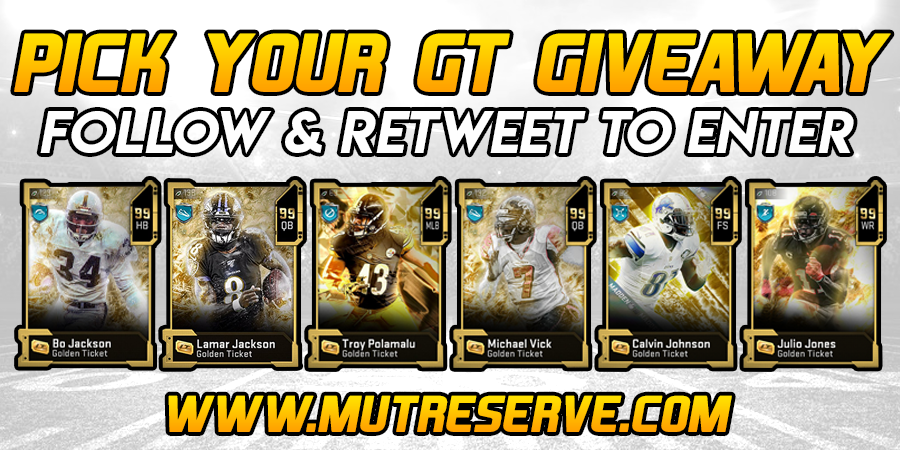 MUTReserve's tweet photo. RT and Follow @MUTReserve for your chance to win a GOLDEN TICKET of your choosing! There will be ONE winner from each console, The giveaway will run until Friday (6/5). A video will be posted of the drawing and dm's will be sent to the winners. #MUTReserve #ComingSoon https://t.co/uzAqduCayK