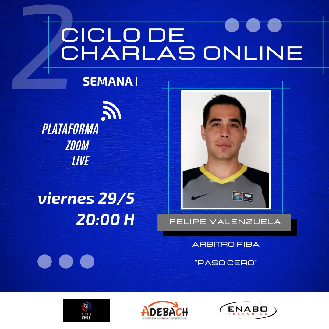 ✅Ciclo de Charlas 

🗓Viernes 29 de Mayo 

⏰20:00 hrs 

📌Tema: Paso Cero 

🗣Felipe Valenzuela (Arbitro FIBA) 

‼️No faltes ‼️
<a href="/ChileFeba/">Federación Básquetbol de Chile</a> <a href="/ENABOFEBACHILE/">ENABO-FEBACHILE</a> <a href="/FIBA/">FIBA Basketball</a>