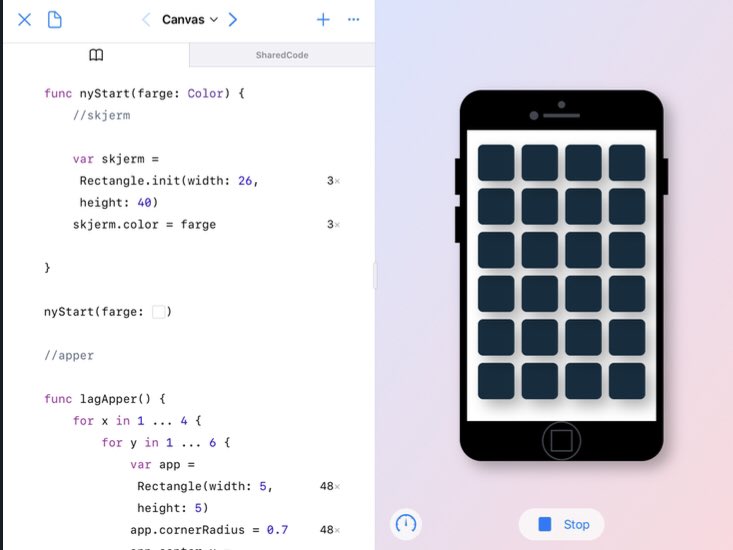 Denne uken har vi kodet hver vår telefon i Swift Playgrounds på ipad. Jeg leder ann på tavla, og elevene kommer med forslag til hva vi skal lage.