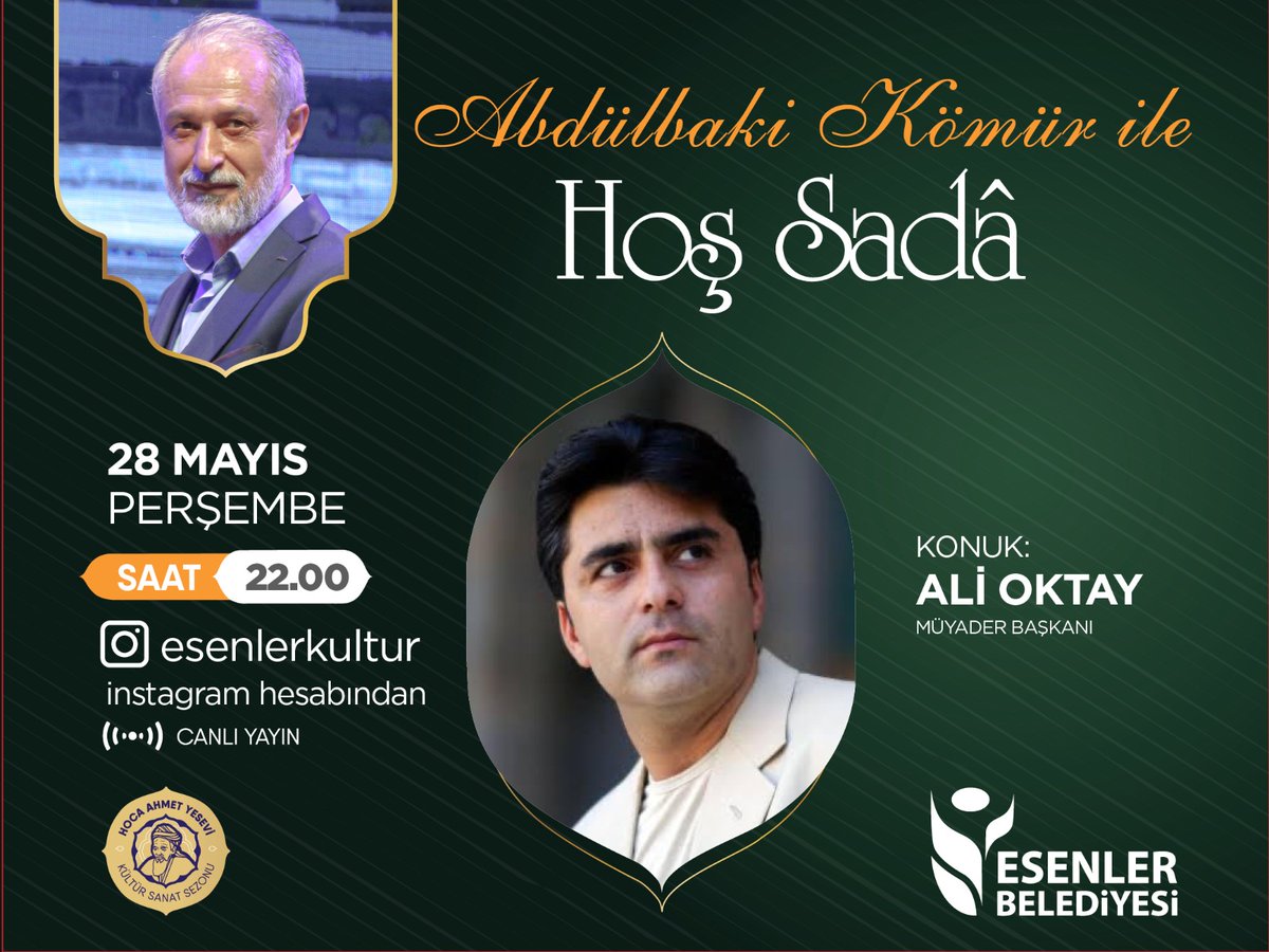 Bu akşam saat 22:00'de <a href="/esenlerkultur/">Esenler Kültür Sanat</a> Instagram sayfamizda <a href="/abdulbakikomur/">Abdülbaki Kömür</a> ile Hoş Sadâ'ya Müzik ve Sinema Yapımcıları Sanatçıları Dağıtımcıları Derneği ( <a href="/muyader/">MÜYADER</a> ) Başkanı Ali Oktay konuk oluyor...
Sizleri de bekleriz...