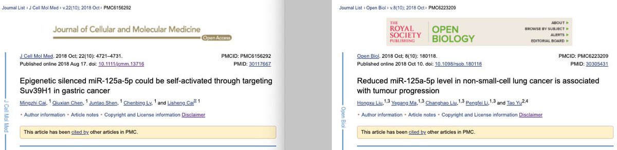 Here are the two papers. Left: role of microRNA miR-125a-5p in gastric cancer Right: role of microRNA miR-125a-5p in lung cancer Papers are from different sets of authors, at different institutes, published around the same time.