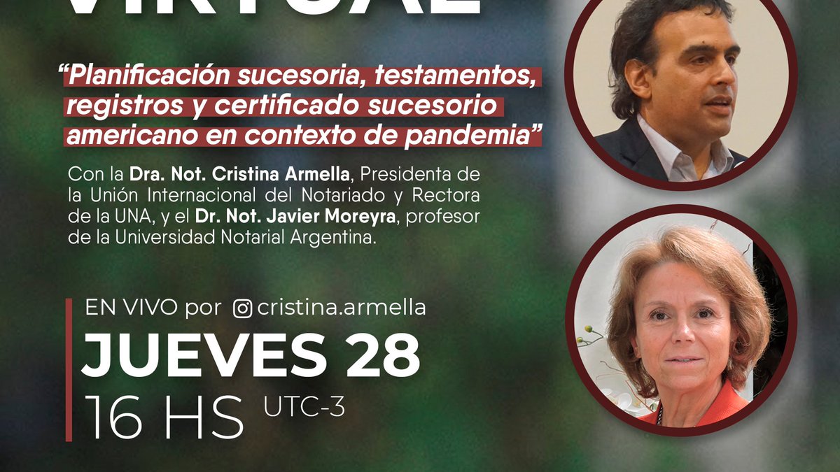 En minutos estaré con el Dr. Not. Javier Moreyra para conversar sobre Planificación sucesoria, testamentos, registros y certificado sucesorio american en el contexto actual. 🌎🖊️

Pueden seguirlo desde las 16 hs (UTC -3 /ARG) por mi cuenta de instagram /cristina.armella.