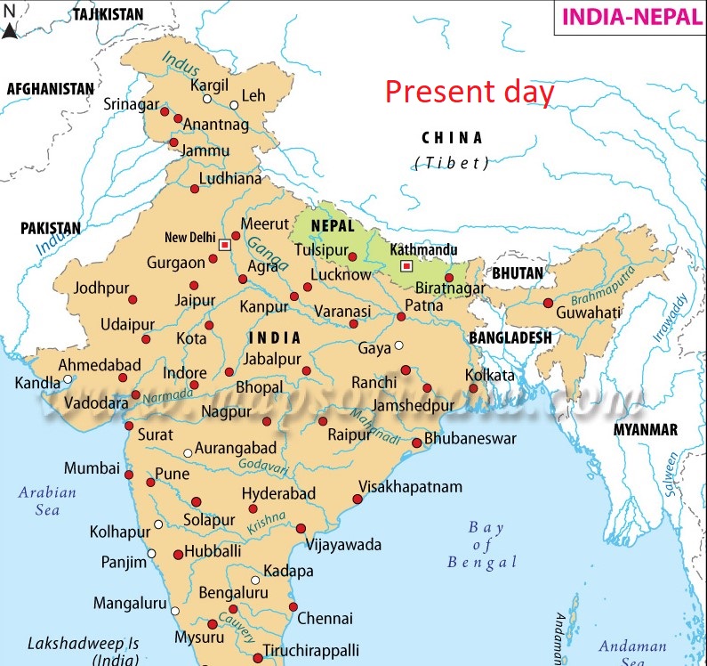 Thereafter the treaty of Sagauli was implemented in 1816. Nepal lost Sikkim, Garhwal & Kumaon and Terai. The Mechi River became the new eastern end and Mahakali river the western border. I will get back to Mahakali and its border later.