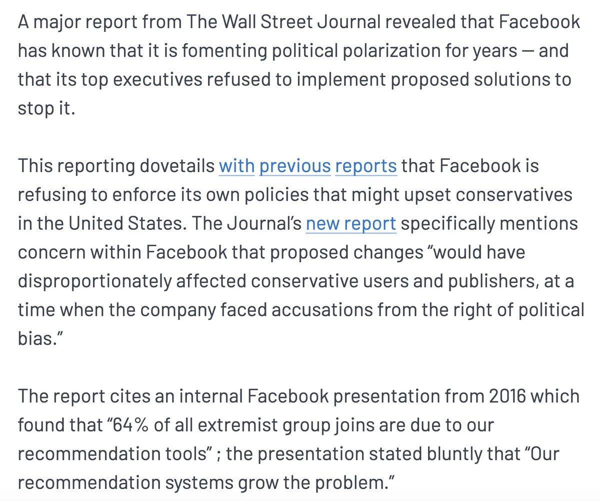 Earlier this week we learned that Facebook for years has known that is is fomenting extremism -- and against the advice of internal researches, executives decided to do nothing about it. https://www.mediamatters.org/facebook/bombshell-report-facebook-has-known-it-fomenting-extremism-years-and-refuses-stop