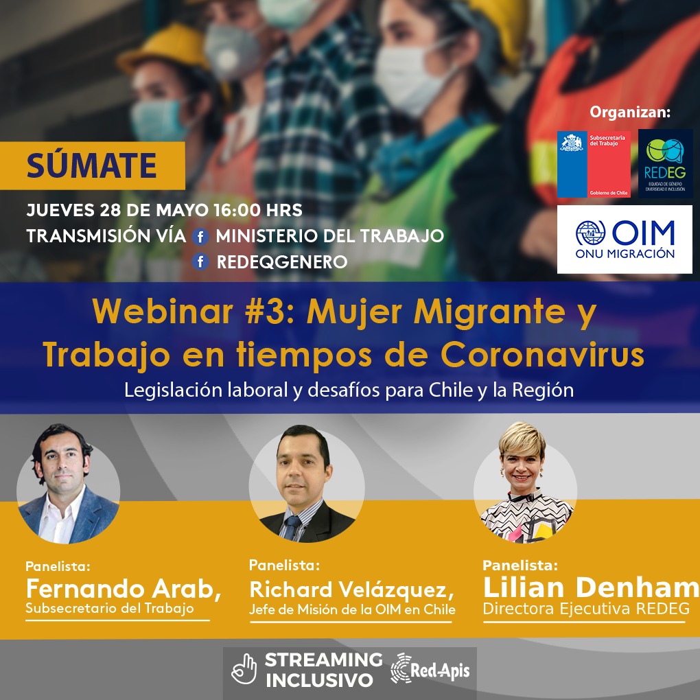 Hoy a las 16 hs #EnVivo por Facebook se realizará el Webinar #3 “Mujer Migrante y Trabajo en tiempos de Coronavirus, Legislación laboral y desafíos para Chile y la Región”

¡ Los esperamos ! 👇

facebook.com/MinisteriodelT…

facebook.com/Redeqgenero/