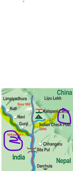 Coming back to the Mahakali river which has 3 different diversions (sources). Kailash Mansarovar road lies between the 3 sources and hence the Govt of Nepal Communist Party led by KP Sharma claimed their territory extends to the 1816 border. (1 - actual, 2 - claimed)