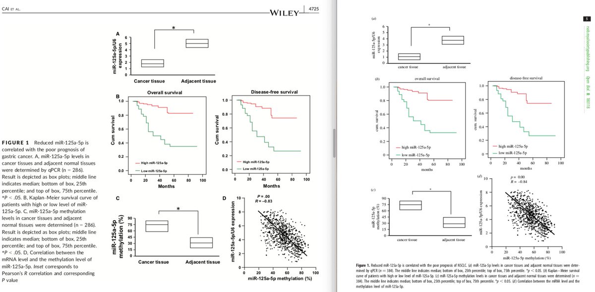 Here are the Figures 1 from both of these papers. Pay close attention to the Kaplan-Meier survival curves in panels B) and the dot distribution in panels D).Science IS reproducible! (*sarcasm)