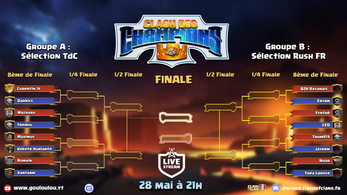 Clash des Champions, le tournoi qui réunit les 16 Meilleurs joueurs FR de la ligue Légende🆚 Joueurs Tournoi des Champions #GEmFo 

⭐️Un spectacle inédit et exclusif sur <a href="/ClashofClansFce/">Clash of Clans FR</a> 

⚔️RDV ce soir dès 21h pour un live de folie !

Lien Youtube : youtube.com/watch?v=-WJix9…