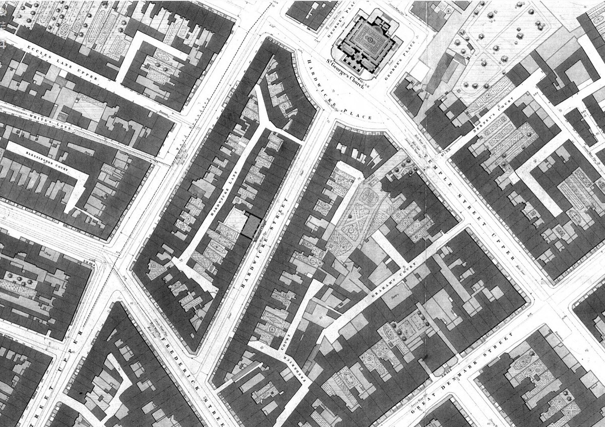 The question is: was Hardwicke Street set out on the line of the preexisting chapel? Was this more important than the resulting misalignment with St. George’s? Indeed, why wasn’t St. George’s dragged right on Temple Street, drawing Hardwicke Street with it into perfect alignment?
