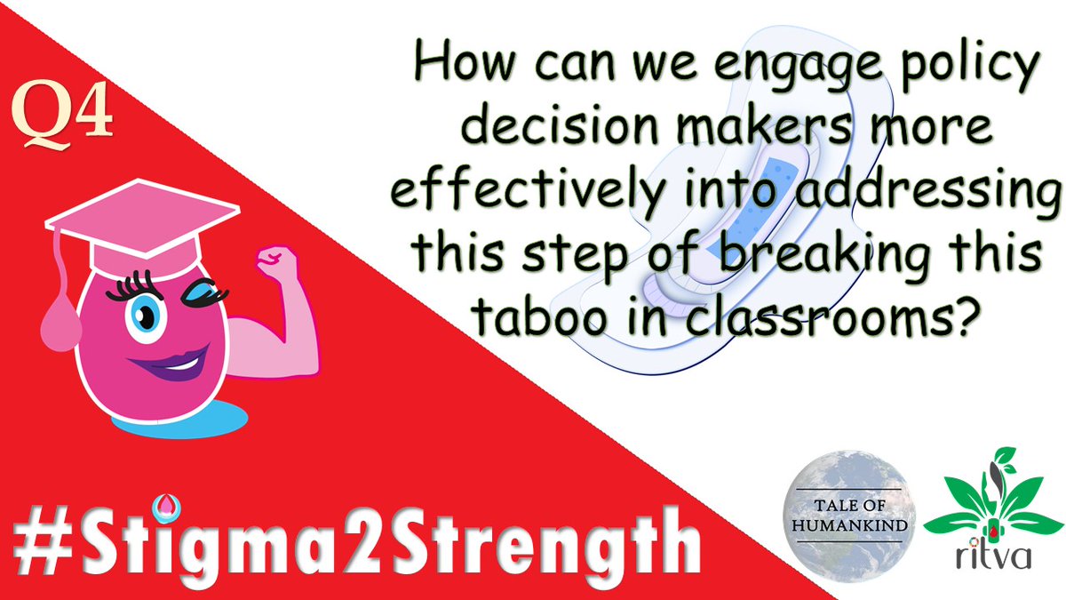taleofhumankind's tweet photo. Q4 How can we engage policy decision makers more effectively into addressing this step of breaking taboo of #menstruation in classroom?
#Stigma2Strength #MHDay2020 #MenstruationHygieneDay
@Chetna1806 @arti_qanungo @pragyavats @SayftyCom @sharmarekha https://t.co/dDpNwT9OUx