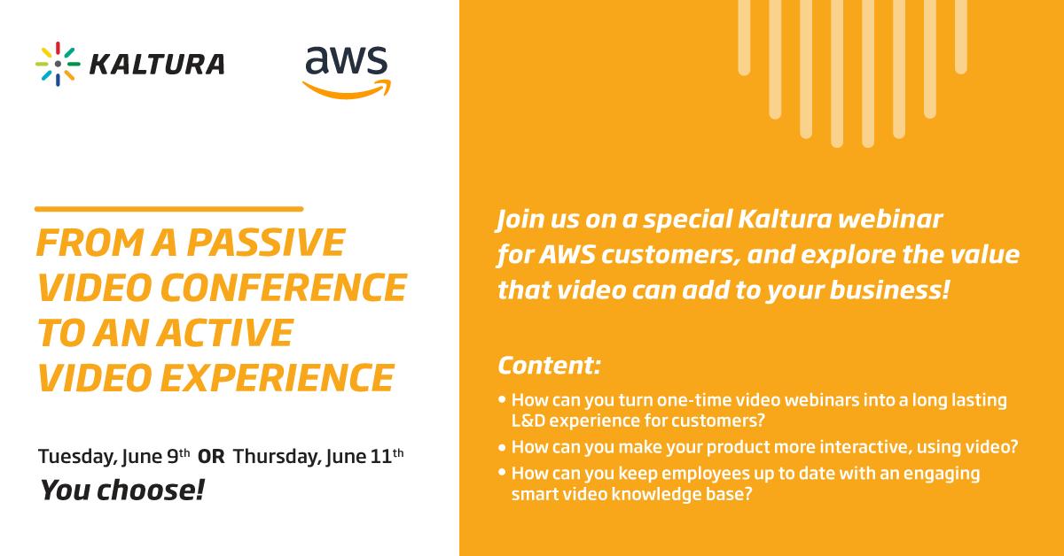 Are you an <a href="/awscloud/">Amazon Web Services</a>  (AWS) customer?!
Thinking about how to make a better use of your live and on-demand video interactions with customers and employees?!
Click here to RSVP bit.ly/3d8K4pu
Looking forward to seeing you!
 #aws #webinar #livestream #virtualevent