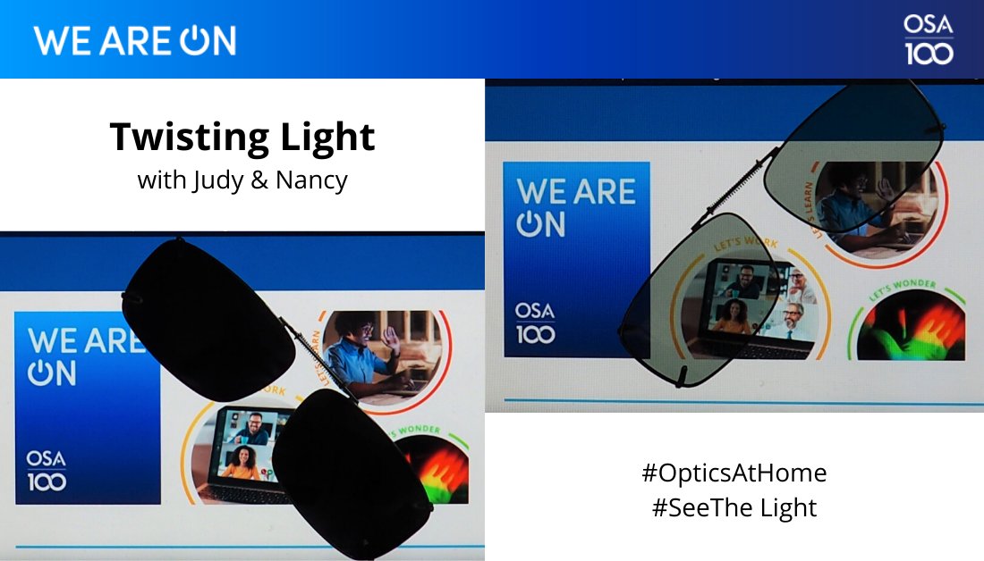 OpticaWorldwide's tweet photo. Looking for a fun kid-friendly activity? Attend our next #OpticsAtHome webinar featuring @PBLProjects & Nancy Magnani and explore twisting light. Held on 29 May at 13:00 EDT, you'll learn about polarized light with in home materials! https://t.co/dIMfJqXekU #SEETHELIGHT #WeAreOn https://t.co/bX3DXFBlCf