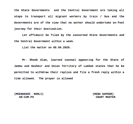  #MigrantWorkers : Supreme Court's interim directions-➢No fare either by train or by bus shall be charged from any migrant workers.