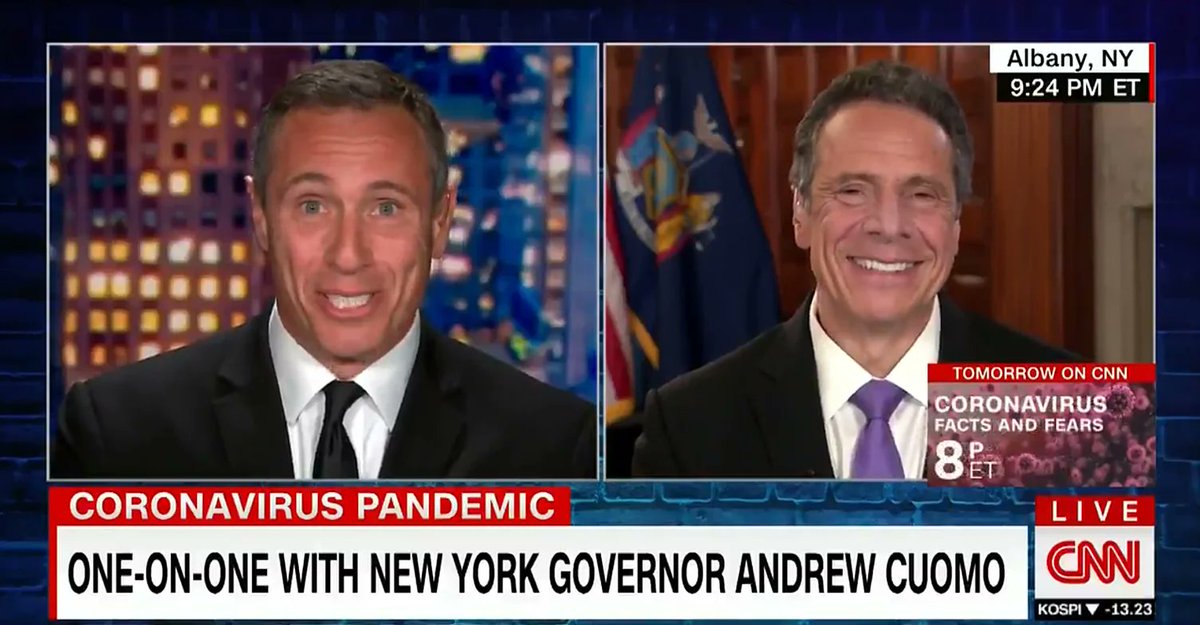 Quick thread here. Screenshots of news coverage on Andrew Cuomo paired with screenshots of CNN interviews he does with his brother. That's it. That's the thread.