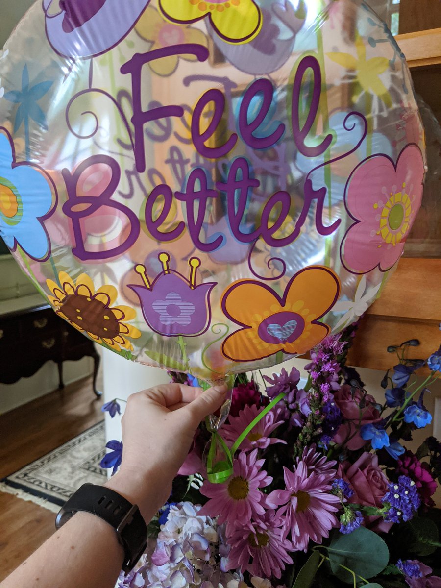 Thank you to  @007honeybadger for SNEAKILY coordinating a flower delivery with my dad, so I walked up the stairs after my defense to a full flower bouquet in Decepticon colors!! With a balloon that would've applied if I passed or failed and made me laugh like a drunk hyena.