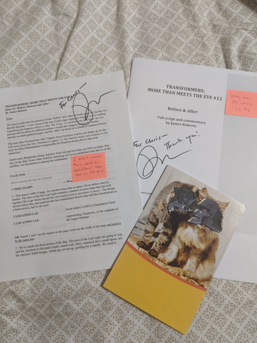 Thank you to  @vixorien, who sent me a gift to open post-defense: the annotated scripts for two of my favorite MTMTE issues, signed by  @jroberts332! I've gained a lot of emotional support from Chris and these robots over the PhD, so Chris, I'm glad to say: we achieved something!